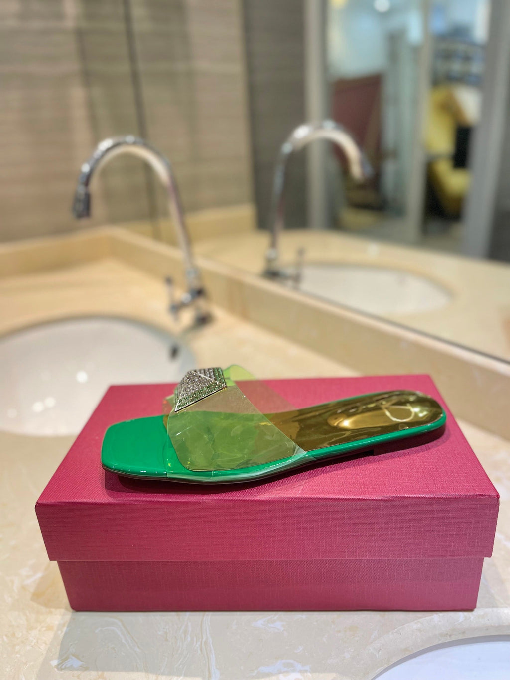VALENTINO 26S FLAT SLIDES IN GREEN MIX GOLD LAMBSKIN WITH CRYSTAL