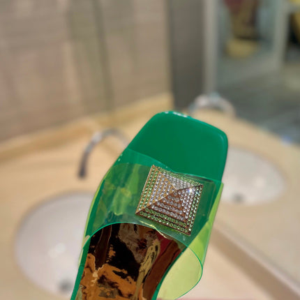 VALENTINO 26S FLAT SLIDES IN GREEN MIX GOLD LAMBSKIN WITH CRYSTAL