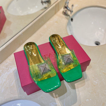 VALENTINO 26S FLAT SLIDES IN GREEN MIX GOLD LAMBSKIN WITH CRYSTAL