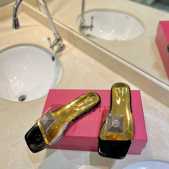 VALENTINO 26S FLAT SLIDES IN BLACK MIX GOLD LAMBSKIN WITH CRYSTAL