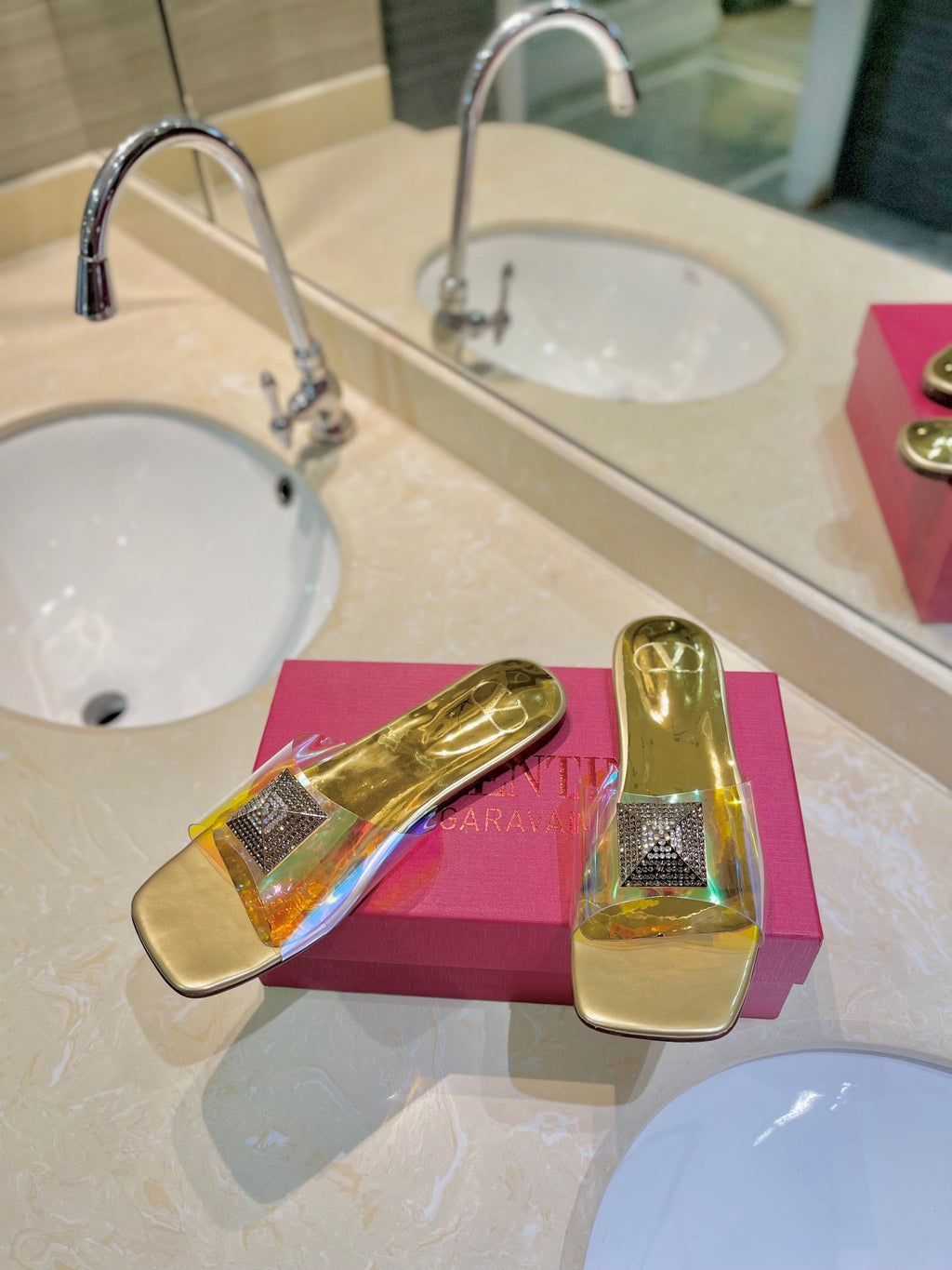 VALENTINO 26S FLAT SLIDES IN GOLD LAMBSKIN WITH CRYSTAL STYLE 3