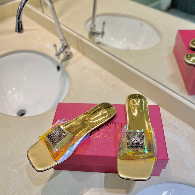 VALENTINO 26S FLAT SLIDES IN GOLD LAMBSKIN WITH CRYSTAL STYLE 3