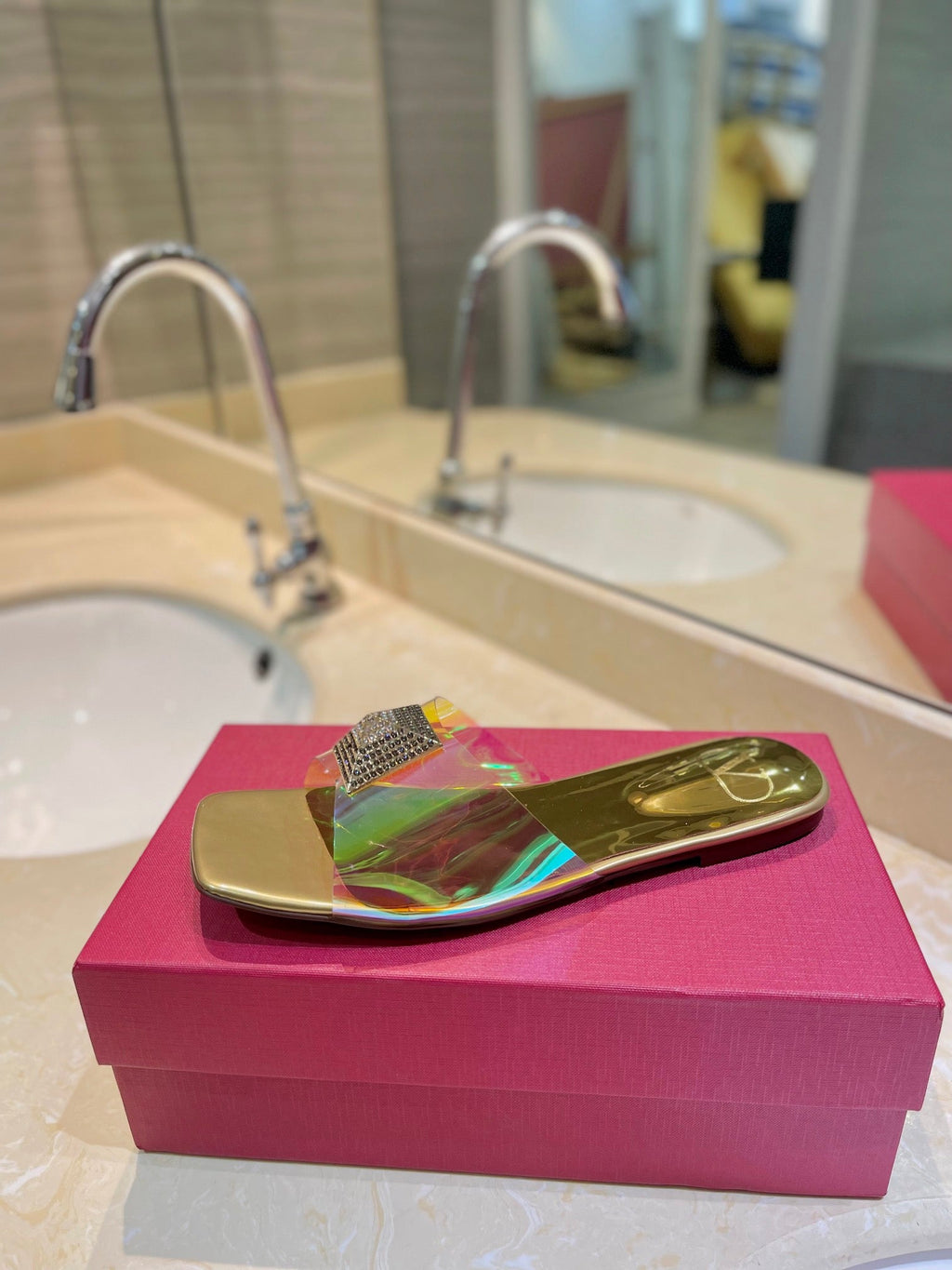 VALENTINO 26S FLAT SLIDES IN GOLD LAMBSKIN WITH CRYSTAL STYLE 3