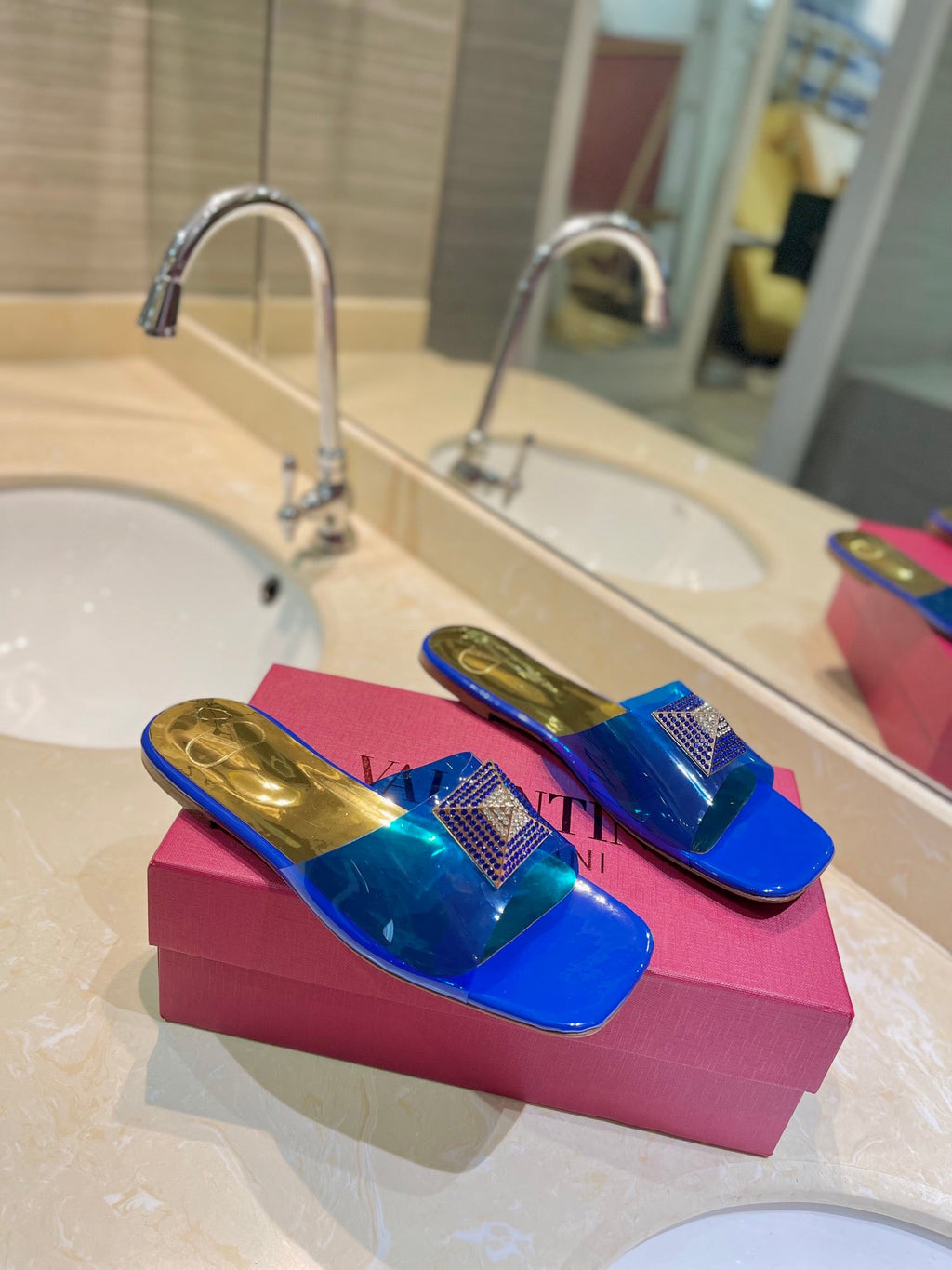 VALENTINO 26S FLAT SLIDES IN BLUE MIX GOLD LAMBSKIN WITH CRYSTAL
