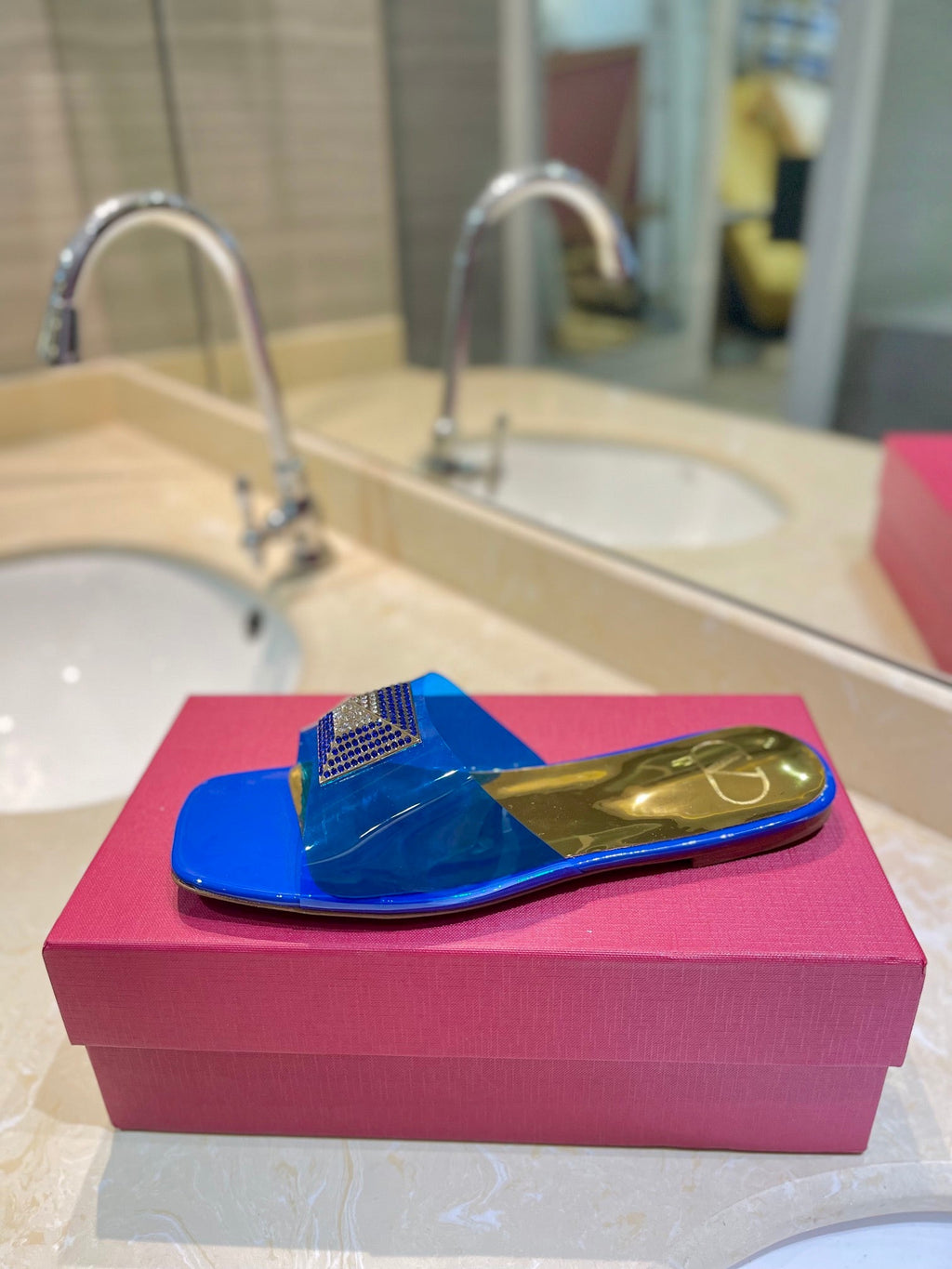 VALENTINO 26S FLAT SLIDES IN BLUE MIX GOLD LAMBSKIN WITH CRYSTAL