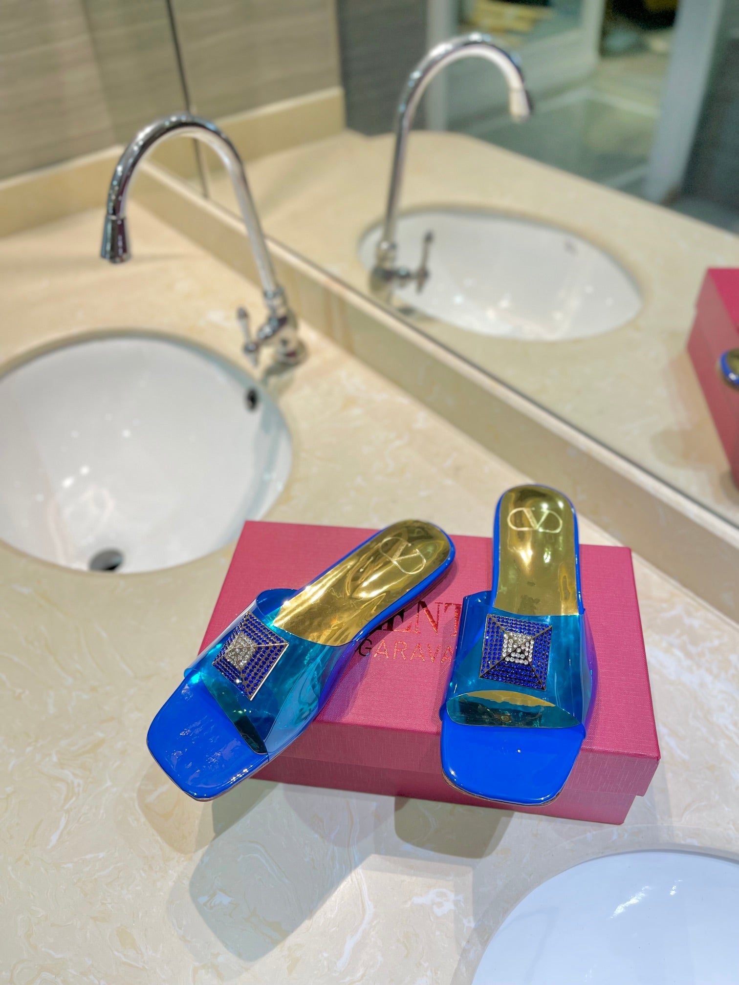 VALENTINO 26S FLAT SLIDES IN BLUE MIX GOLD LAMBSKIN WITH CRYSTAL