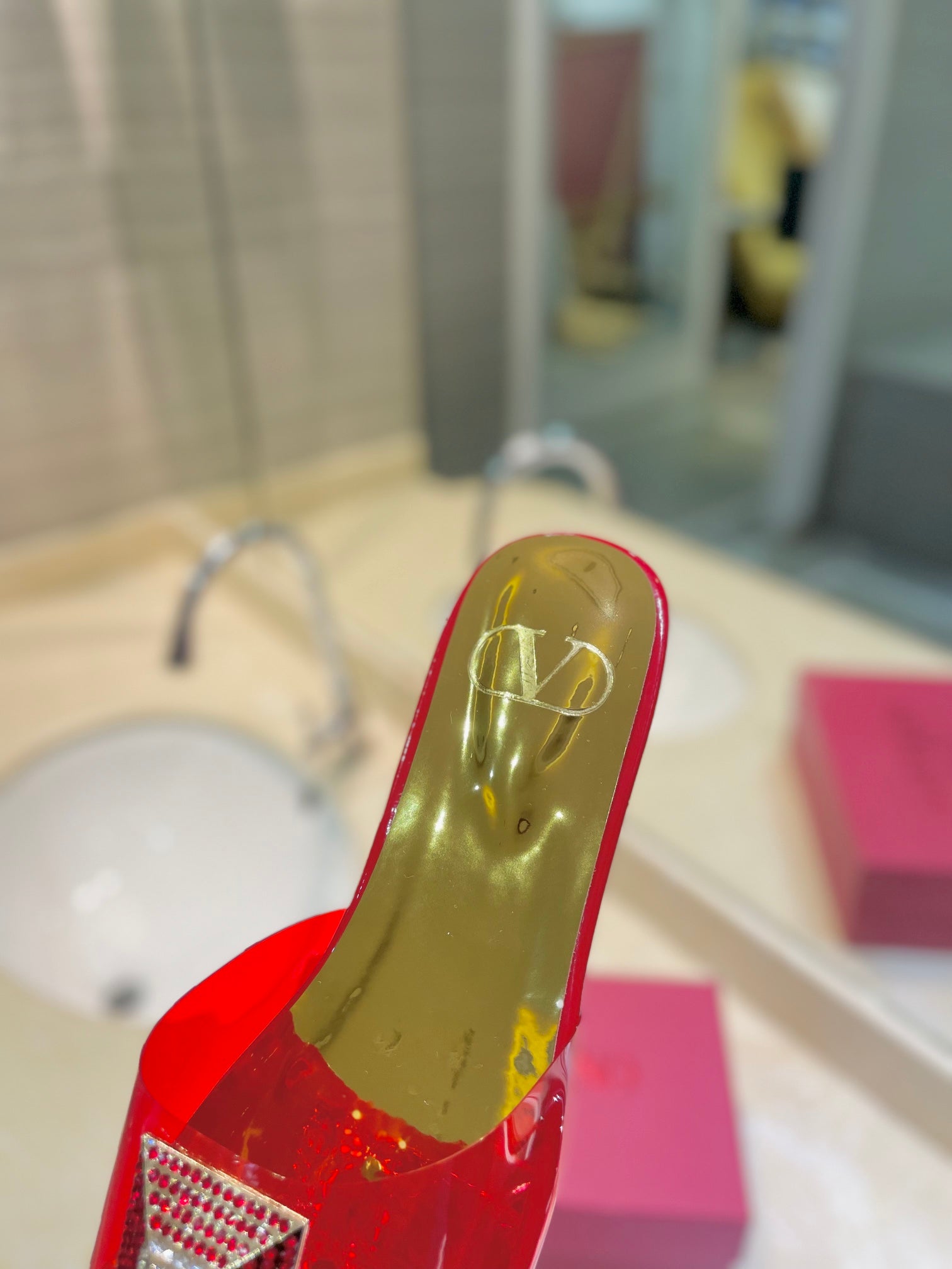 VALENTINO 26S FLAT SLIDES IN RED MIX GOLD LAMBSKIN WITH CRYSTAL