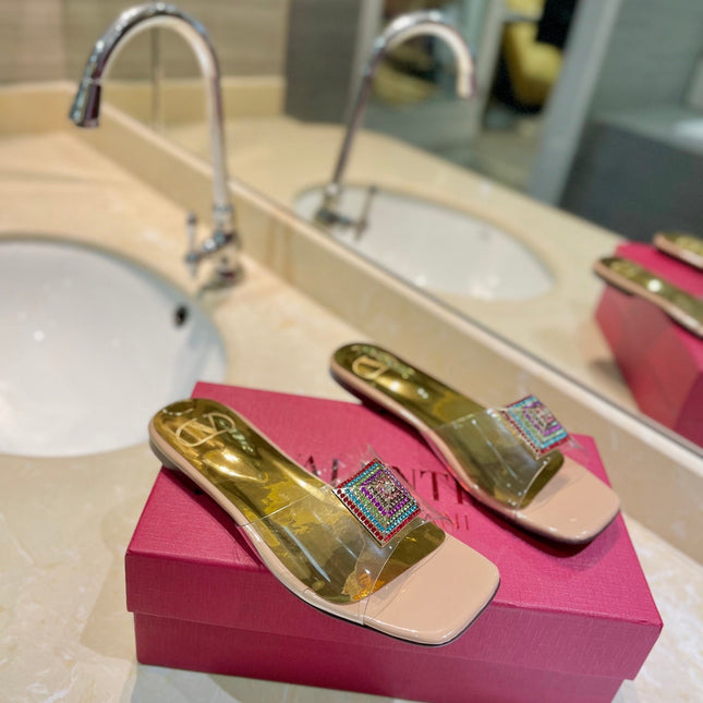 VALENTINO 26S FLAT SLIDES IN NUDE MIX GOLD LAMBSKIN WITH CRYSTAL
