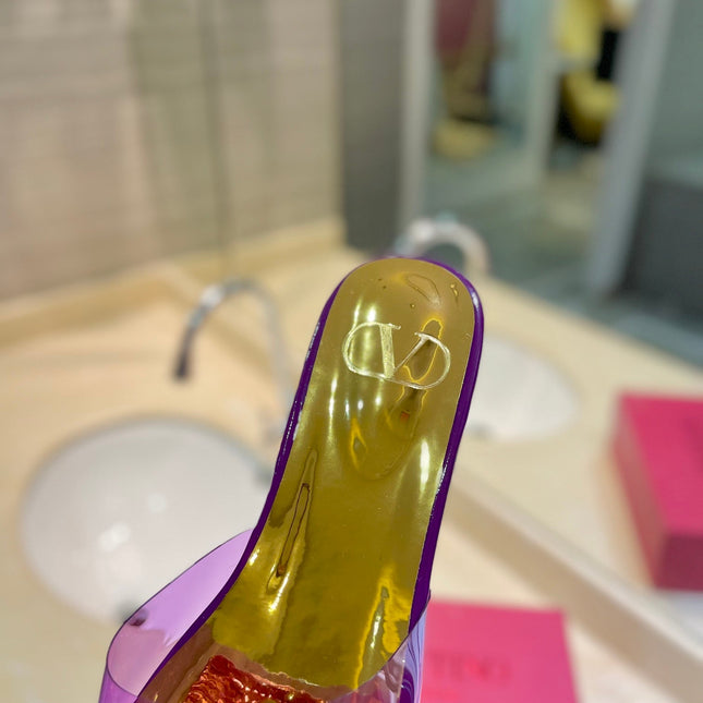 VALENTINO 26S FLAT SLIDES IN PURPLE MIX GOLD LAMBSKIN WITH CRYSTAL