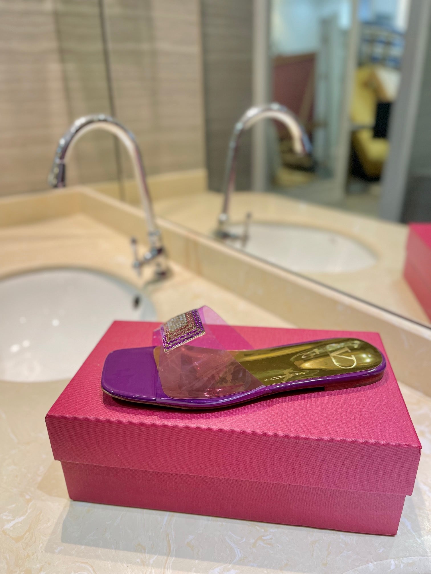 VALENTINO 26S FLAT SLIDES IN PURPLE MIX GOLD LAMBSKIN WITH CRYSTAL