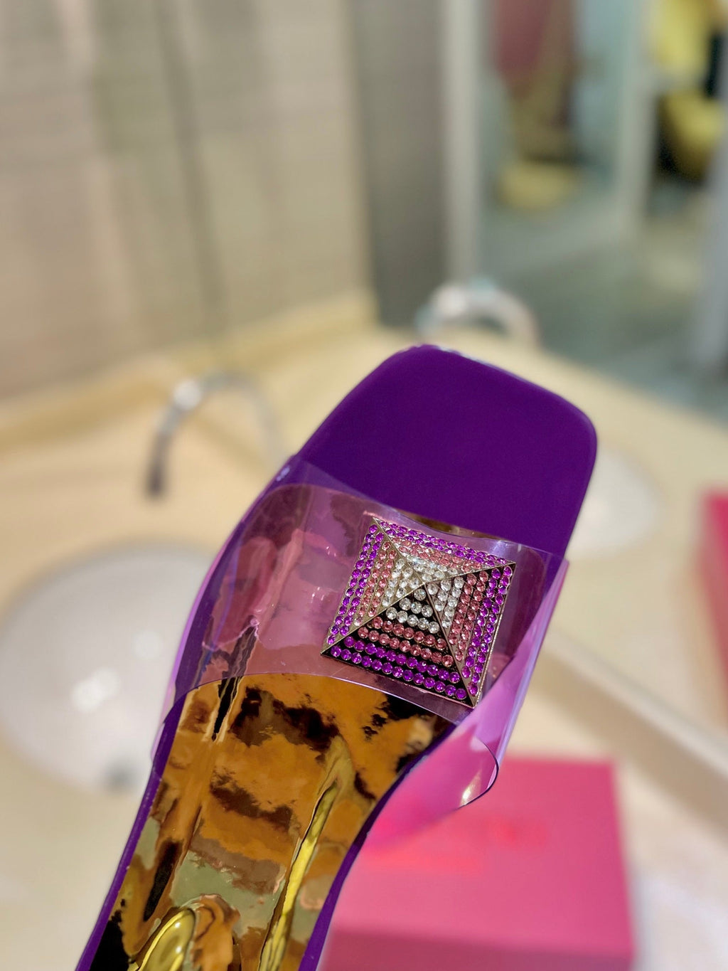 VALENTINO 26S FLAT SLIDES IN PURPLE MIX GOLD LAMBSKIN WITH CRYSTAL