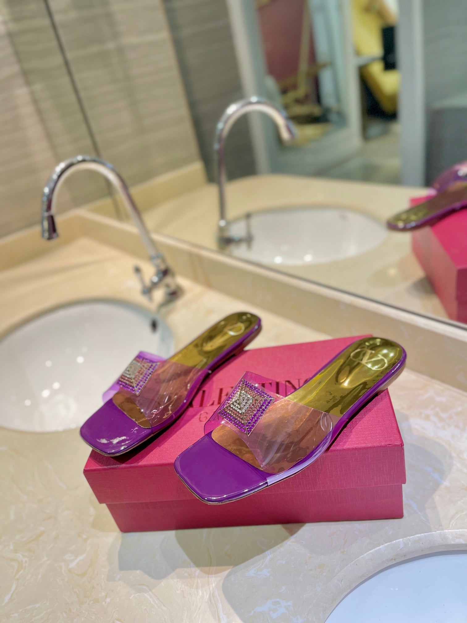 VALENTINO 26S FLAT SLIDES IN PURPLE MIX GOLD LAMBSKIN WITH CRYSTAL