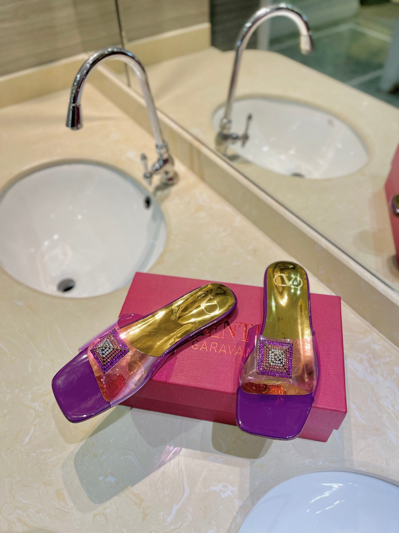 VALENTINO 26S FLAT SLIDES IN PURPLE MIX GOLD LAMBSKIN WITH CRYSTAL