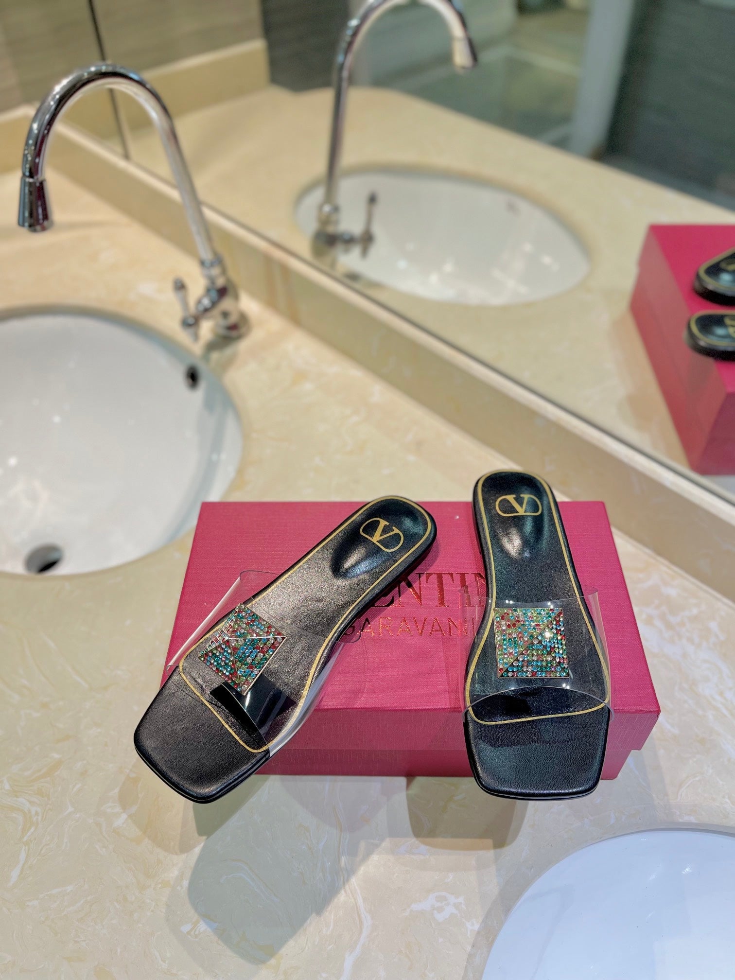 VALENTINO 26S FLAT SLIDES IN BLACK LAMBSKIN WITH CRYSTAL STYLE 2