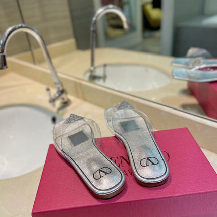 VALENTINO 26S FLAT SLIDES IN SILVER LAMBSKIN WITH CRYSTAL