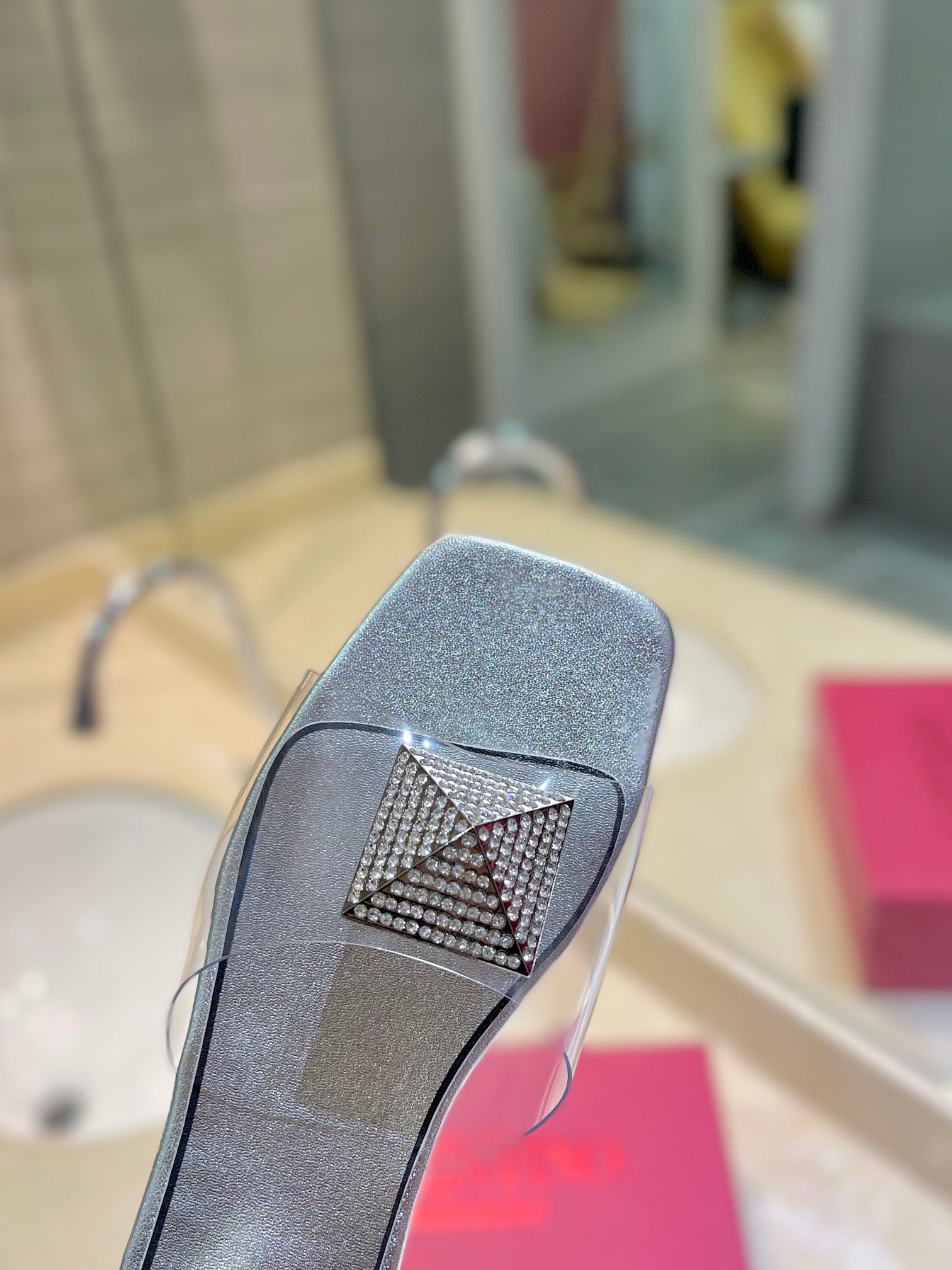 VALENTINO 26S FLAT SLIDES IN SILVER LAMBSKIN WITH CRYSTAL