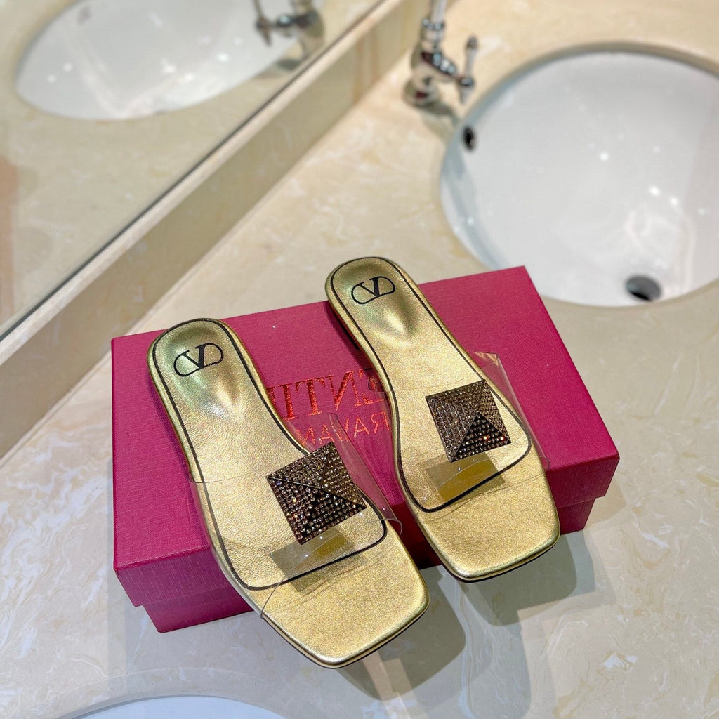 VALENTINO 26S FLAT SLIDES IN GOLD LAMBSKIN WITH CRYSTAL