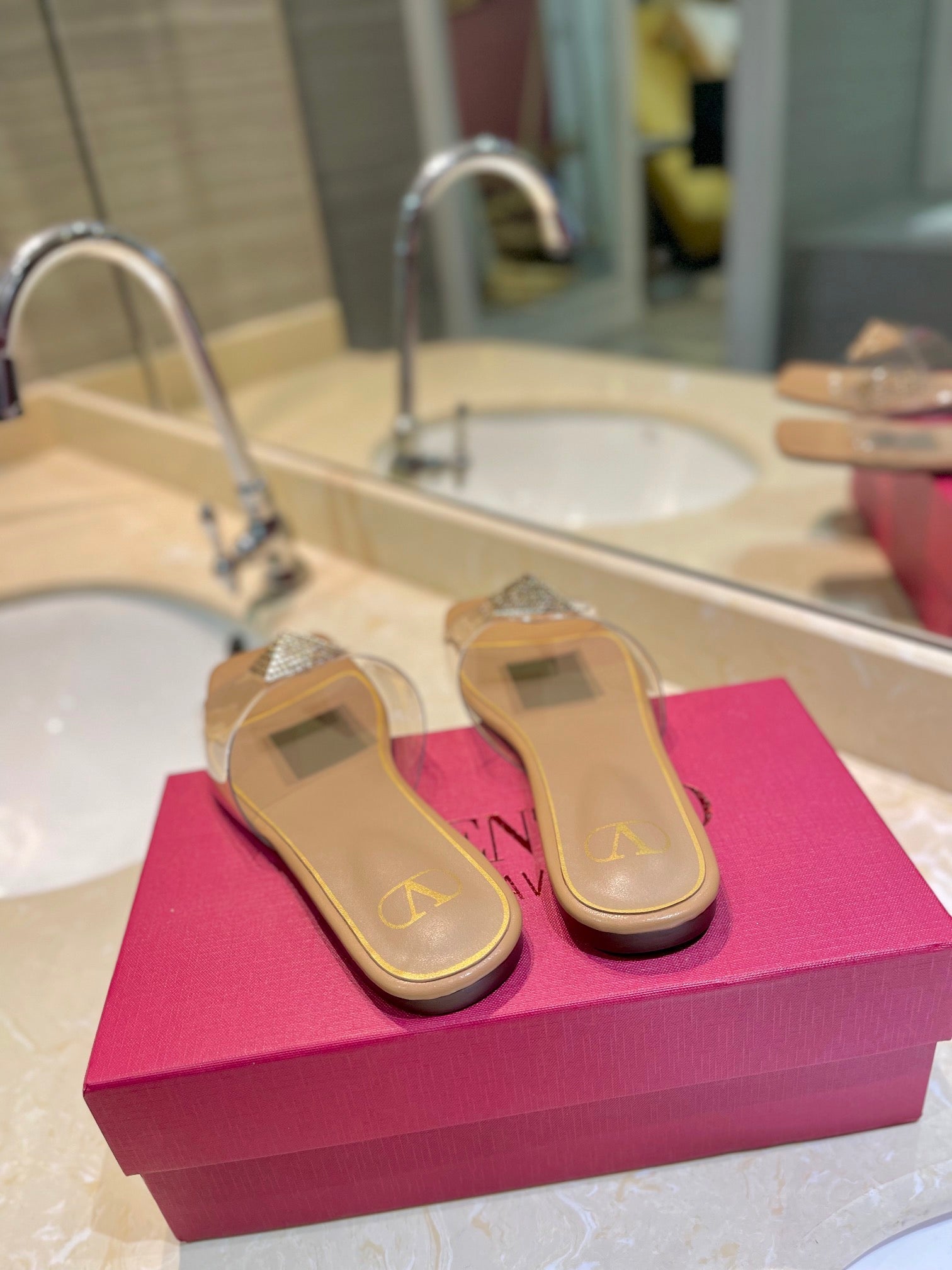 VALENTINO 26S FLAT SLIDES IN BEIGE LAMBSKIN WITH CRYSTAL