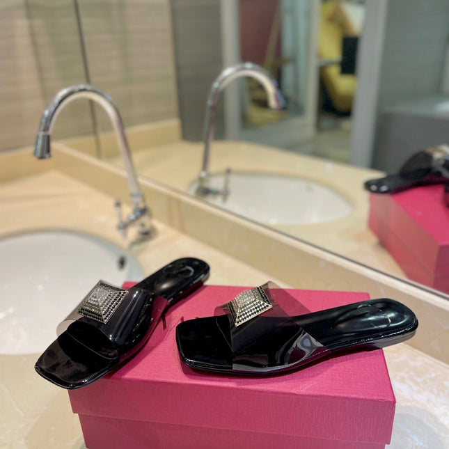 VALENTINO 26S FLAT SLIDES IN BLACK LAMBSKIN WITH CRYSTAL STYLE 1