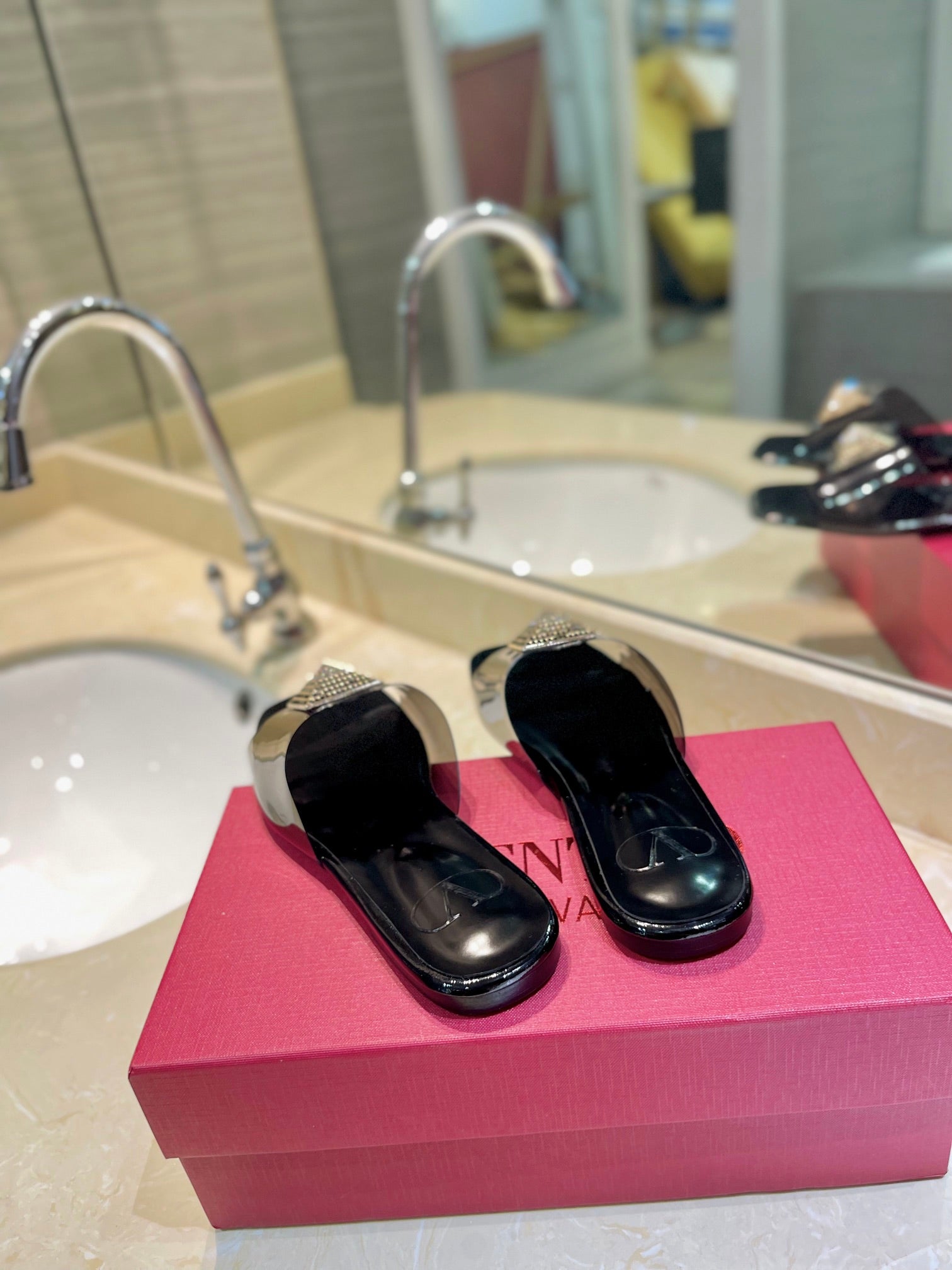 VALENTINO 26S FLAT SLIDES IN BLACK LAMBSKIN WITH CRYSTAL STYLE 1