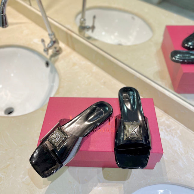 VALENTINO 26S FLAT SLIDES IN BLACK LAMBSKIN WITH CRYSTAL STYLE 1