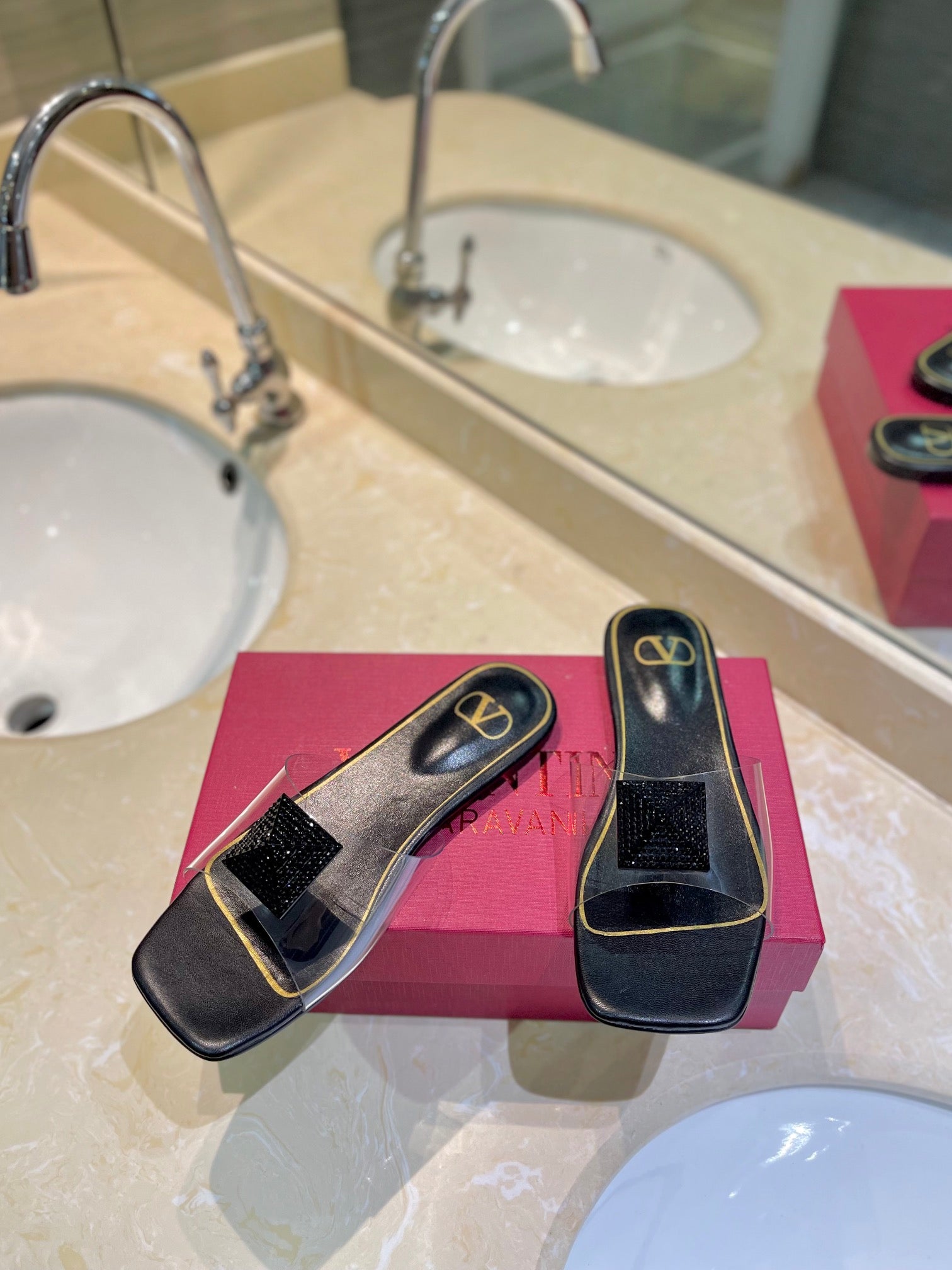 VALENTINO 26S FLAT SLIDES IN BLACK LAMBSKIN WITH CRYSTAL