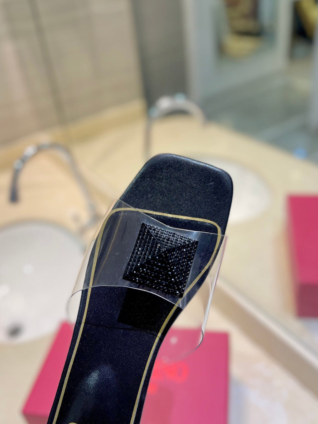 VALENTINO 26S FLAT SLIDES IN BLACK LAMBSKIN WITH CRYSTAL