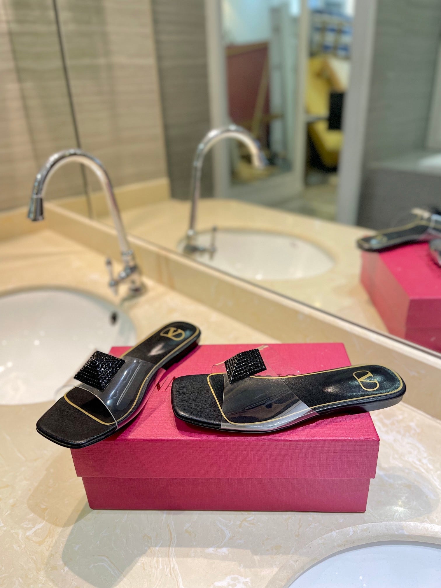 VALENTINO 26S FLAT SLIDES IN BLACK LAMBSKIN WITH CRYSTAL