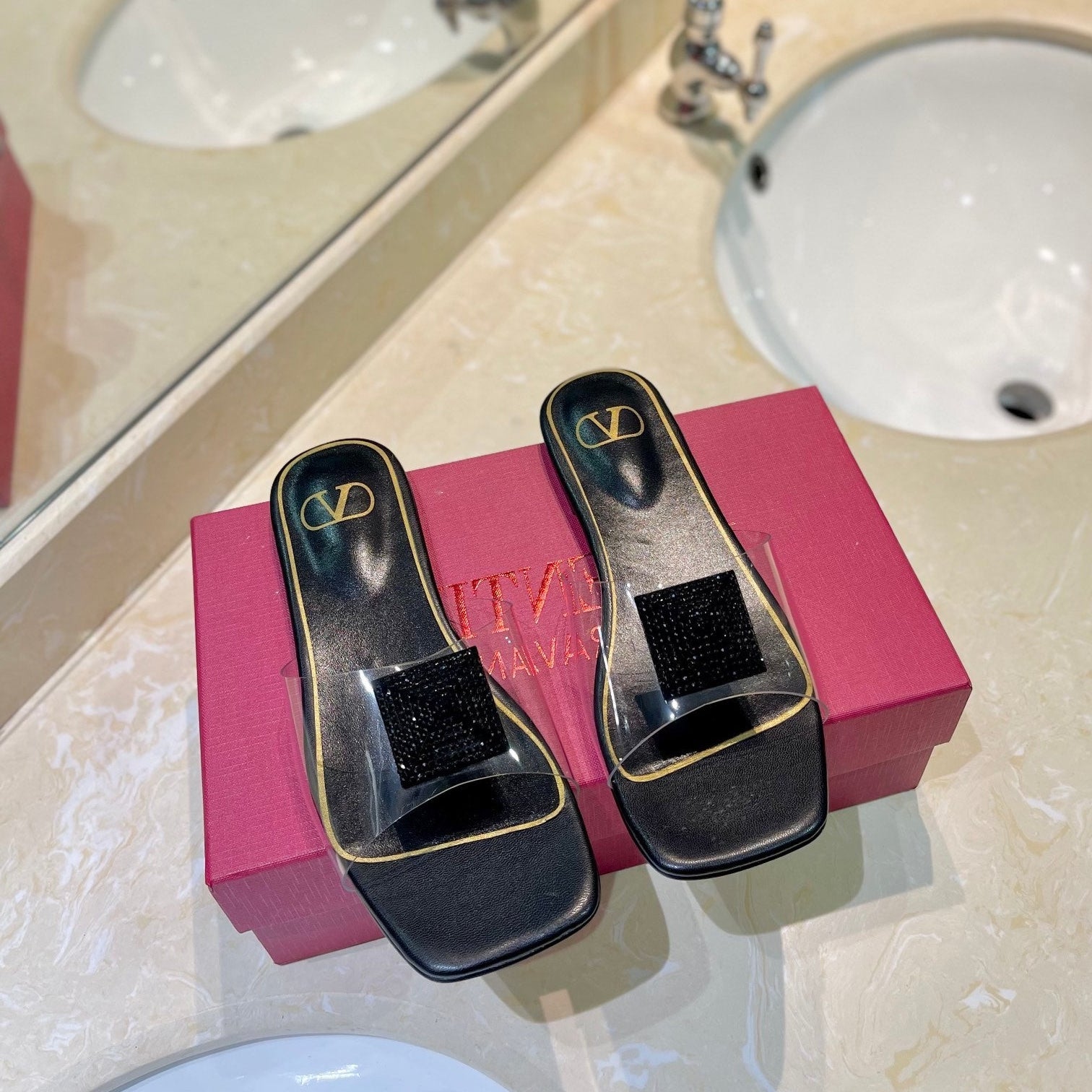 VALENTINO 26S FLAT SLIDES IN BLACK LAMBSKIN WITH CRYSTAL