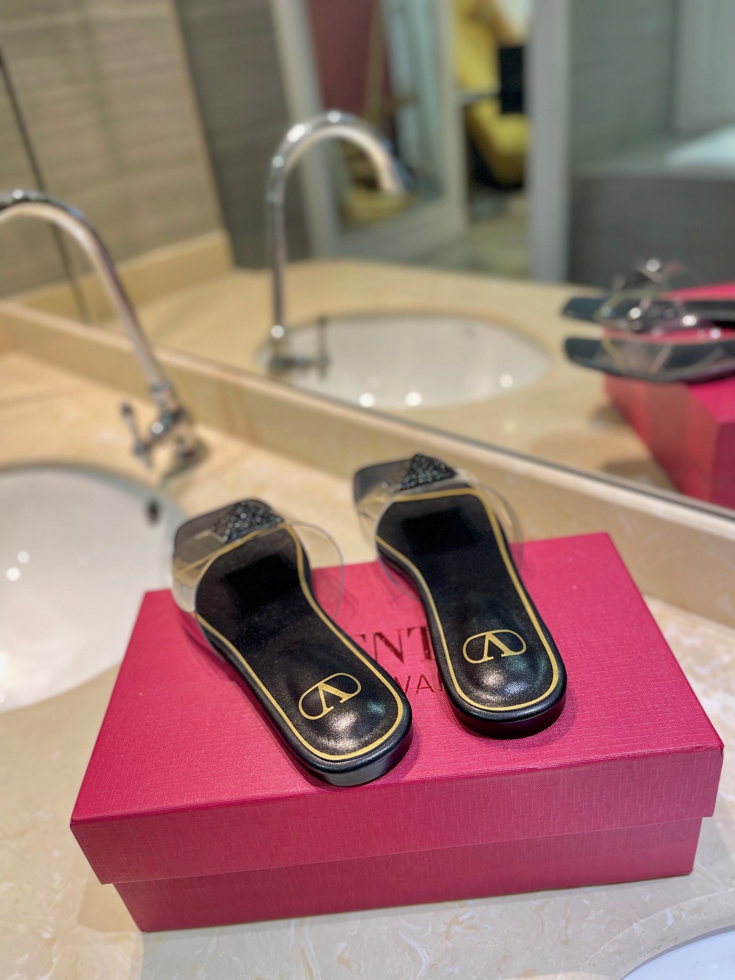 VALENTINO 26S FLAT SLIDES IN BLACK LAMBSKIN WITH CRYSTAL
