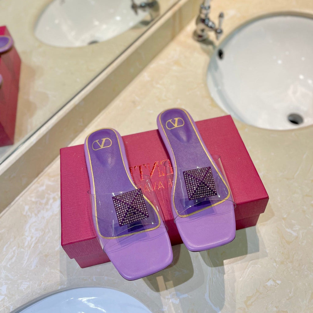 VALENTINO 26S FLAT SLIDES IN PURPLE LAMBSKIN WITH CRYSTAL