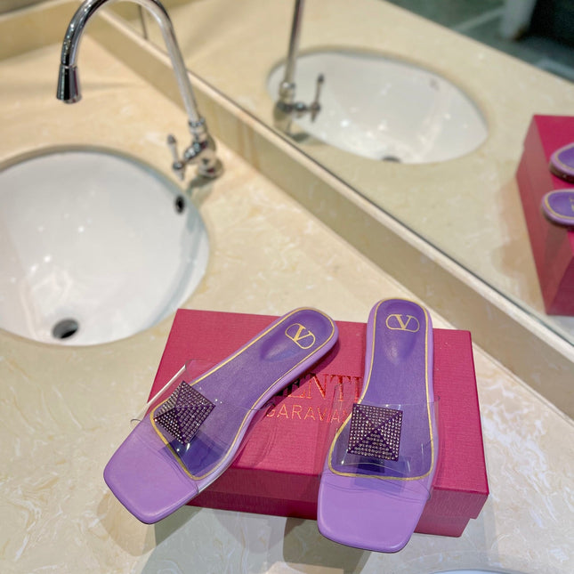 VALENTINO 26S FLAT SLIDES IN PURPLE LAMBSKIN WITH CRYSTAL