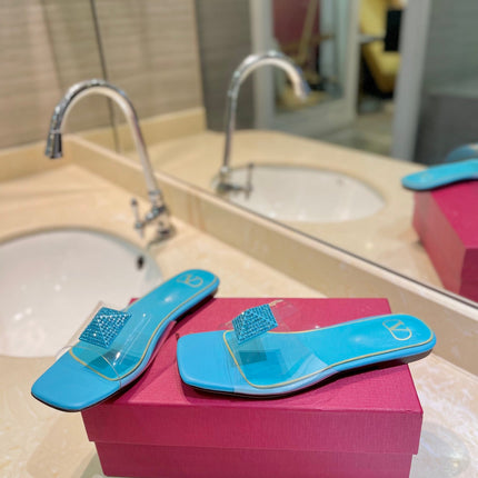 VALENTINO 26S FLAT SLIDES IN LIGHT BLUE LAMBSKIN WITH CRYSTAL