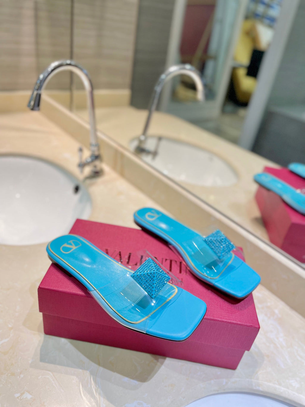 VALENTINO 26S FLAT SLIDES IN LIGHT BLUE LAMBSKIN WITH CRYSTAL
