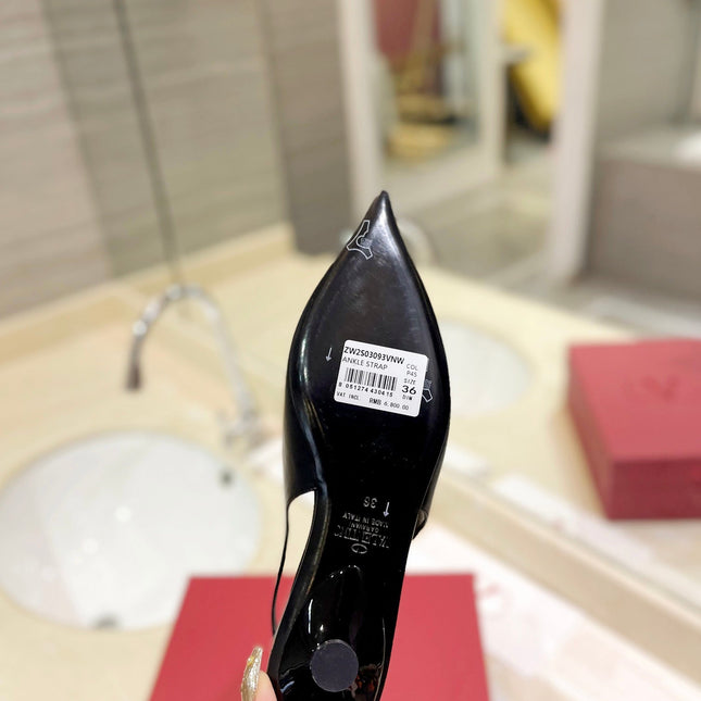 VALENTINO 26S POINTED TOE FLAT SLINGBACKS IN BLACK CALFSKIN