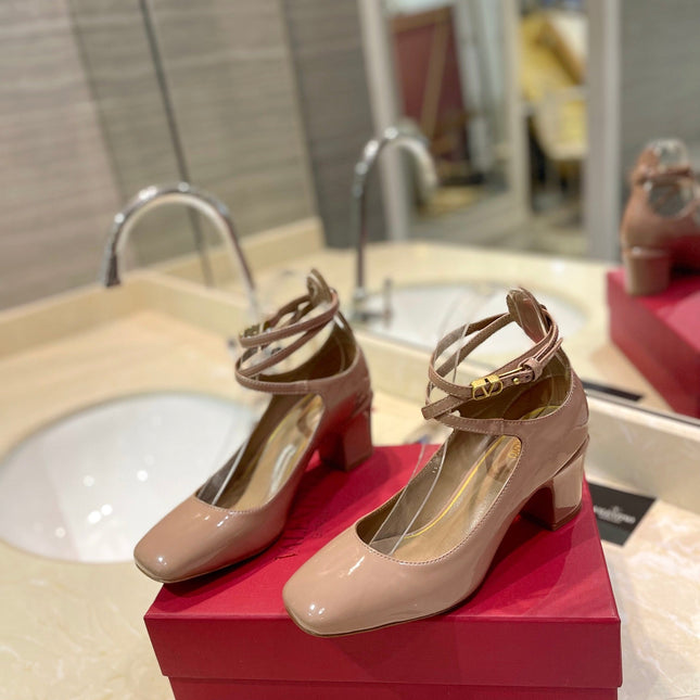 VALENTINO 26S ANKLE STRAP PUMPS 60 MM IN BEIGE PATENT CALFSKIN