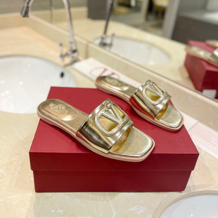 VALENTINO 26S SLIDES IN GOLD CALFSKIN WITH LOGO