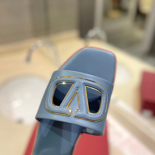 VALENTINO 26S SLIDES IN PASTEL BLUE CALFSKIN WITH LOGO
