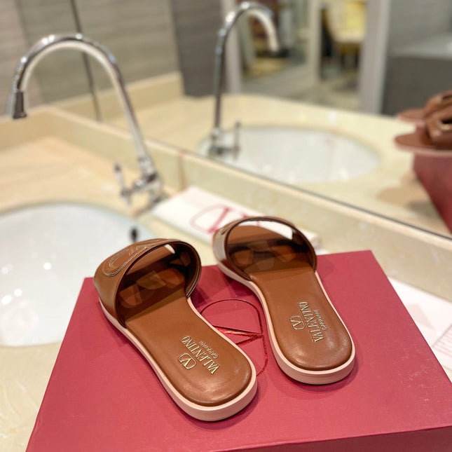 VALENTINO 26S SLIDES IN BROWN CALFSKIN WITH LOGO