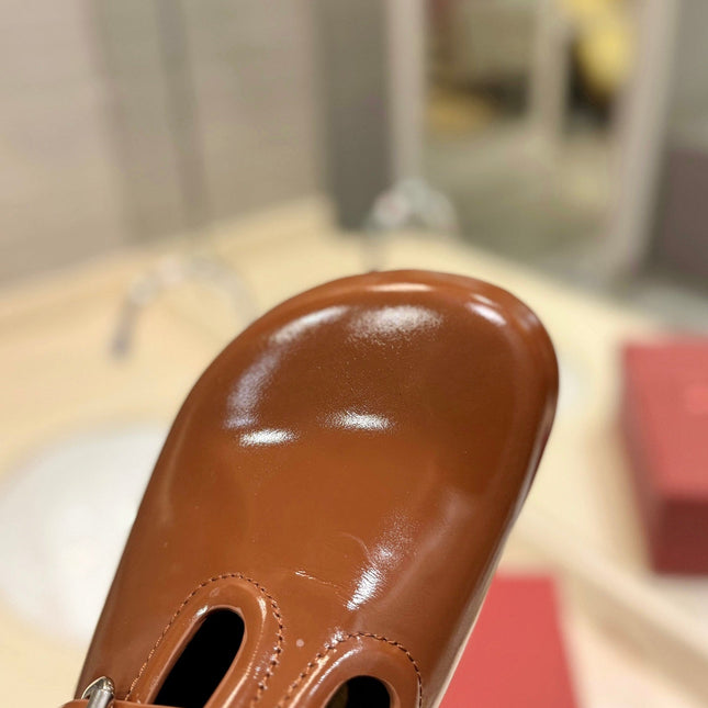 VALENTINO 26S FLAT MULES IN BROWN PATENT CALFSKIN