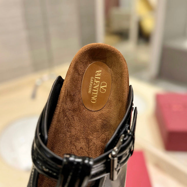 VALENTINO 26S FLAT MULES IN BLACK PATENT CALFSKIN