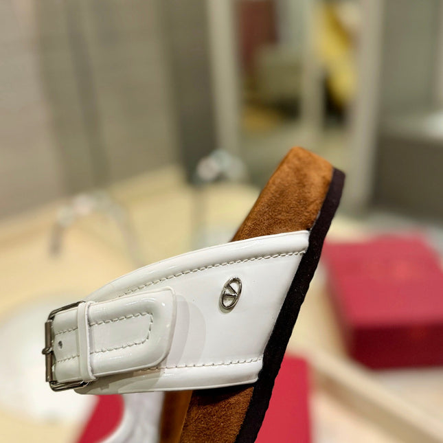 VALENTINO 26S FOOTBED SANDALS IN WHITE GLOSSY LEATHER MIX BROWN SUEDE