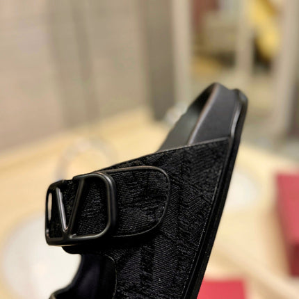 VALENTINO 26S VELCRO SANDALS IN BLACK JACQUARD FABRIC AND LEATHER WITH HARDWARE