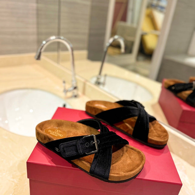 VALENTINO 26S CROSS STRAP SANDALS IN BLACK VELVET MIX BROWN SUEDE