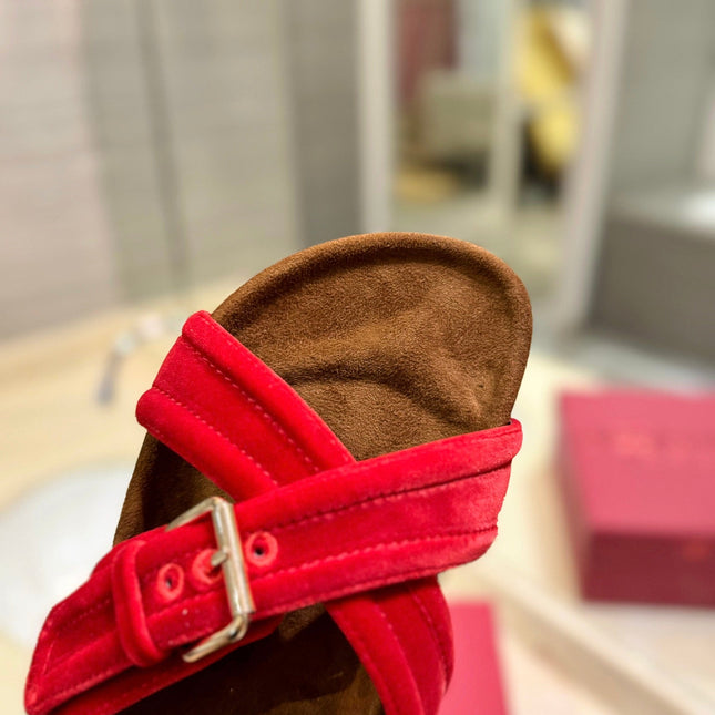 VALENTINO 26S CROSS STRAP SANDALS IN RED VELVET MIX BROWN SUEDE