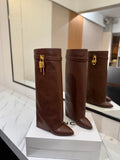SHARK LOCK HIGH BOOTS IN BROWN CALFSKIN