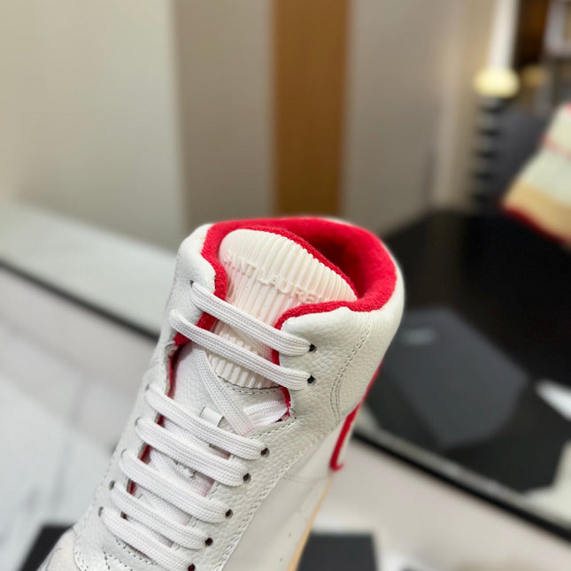 MID-TOP SNEAKERS IN WHITE AND RED TRIM PERFORATED LAMBSKIN
