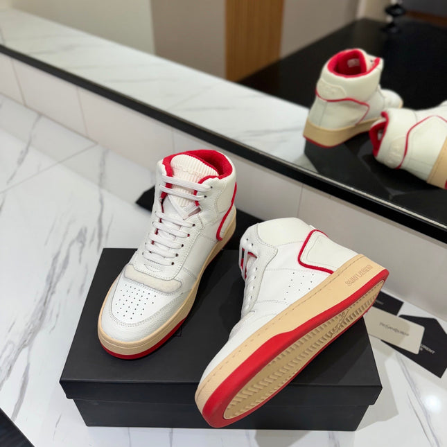 MID-TOP SNEAKERS IN WHITE AND RED TRIM PERFORATED LAMBSKIN