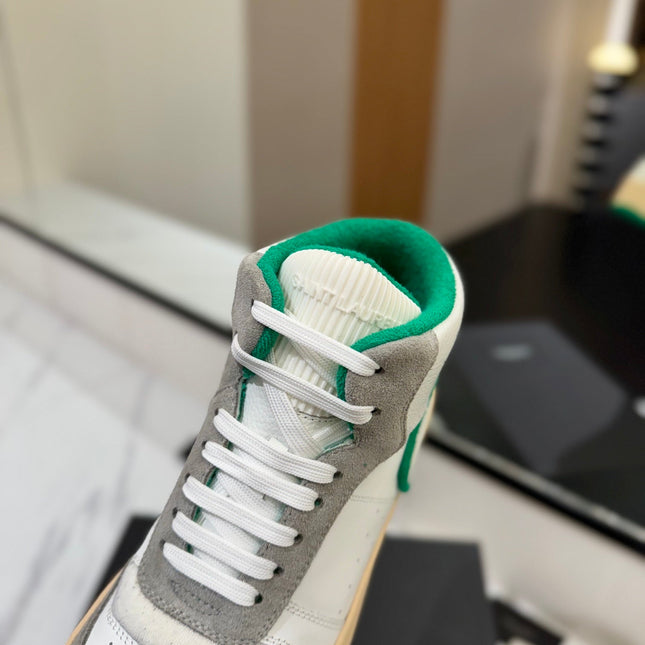 MID-TOP SNEAKERS IN WHITE PERFORATED LAMBSKIN AND GRAY SUEDE