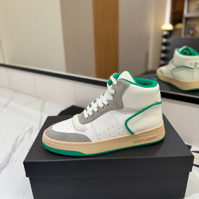 MID-TOP SNEAKERS IN WHITE PERFORATED LAMBSKIN AND GRAY SUEDE